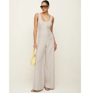 Reformation Nell Linen Jumpsuit in Oatmeal Tie Back Waist Wide Leg 
Large